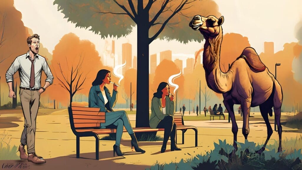 A camel surprises man in the smoking area